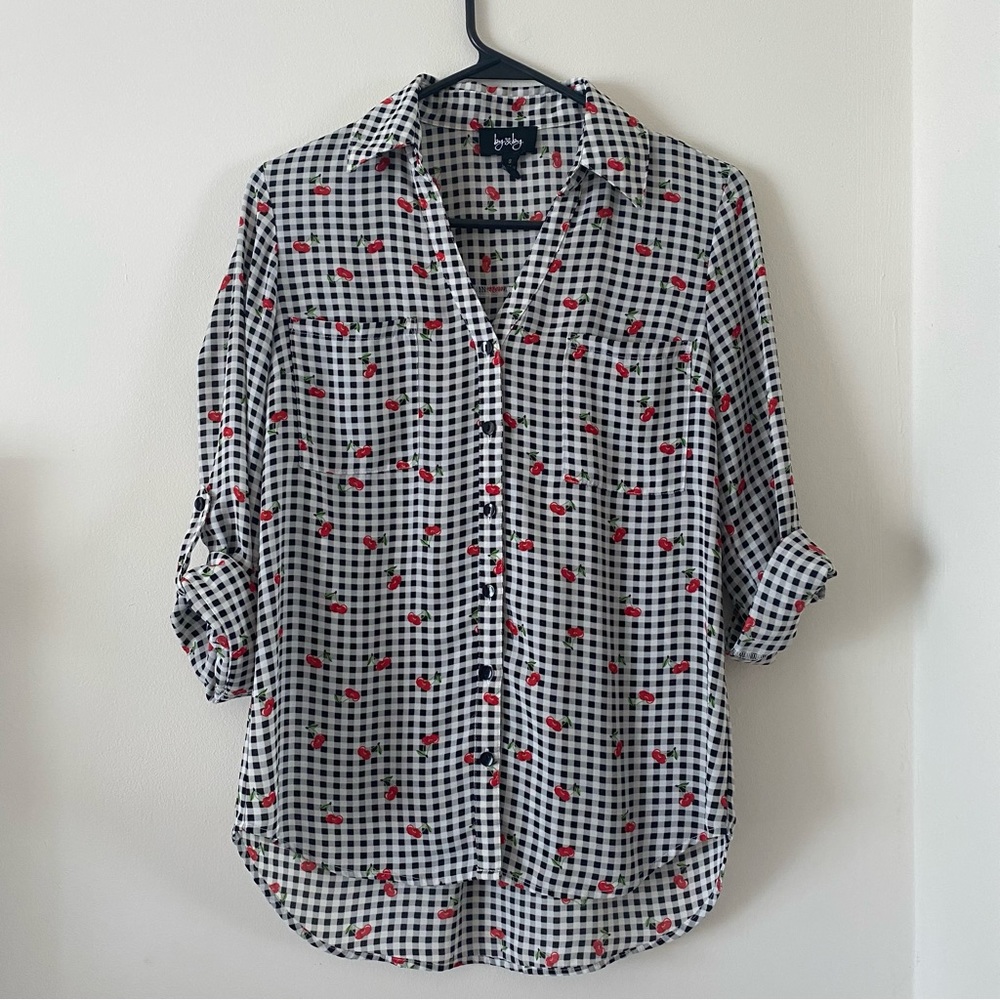 Elbow Sleeve Collar V Neck Dobby Blouse